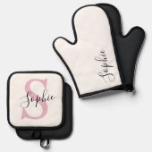 Moderne gepersonaliseerde naam Monogram roze Ovenwant & Pannenlap Set (Voorkant / Achterkant)
