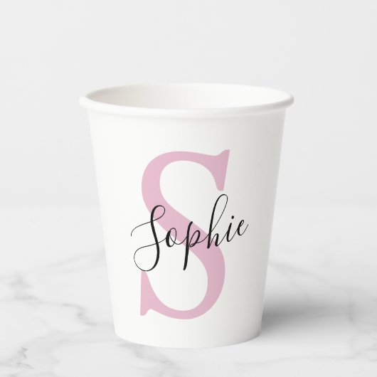 Moderne gepersonaliseerde naam Monogram roze Papieren Bekers (Voorkant)