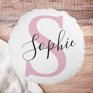Moderne gepersonaliseerde naam Monogram roze Rond Kussen