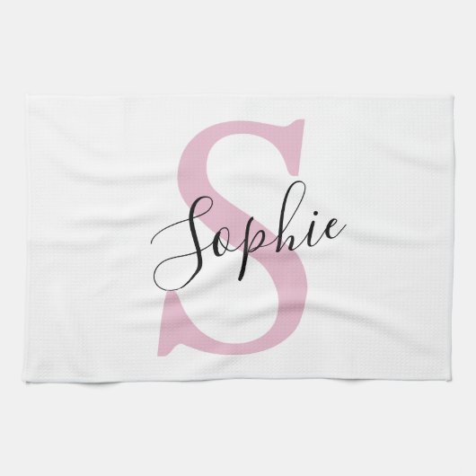 Moderne gepersonaliseerde naam Monogram roze Theedoek (Horizontaal)