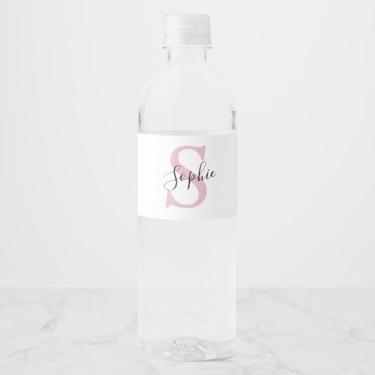 Moderne gepersonaliseerde naam Monogram roze Waterfles Etiket (Voorkant)
