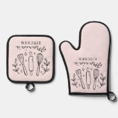 Moderne gepersonaliseerde naam roze kleur zwarte t ovenwant & pannenlap set (Voorkant)