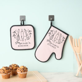 Moderne gepersonaliseerde naam roze kleur zwarte t ovenwant & pannenlap set