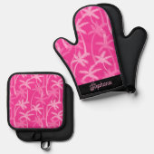 Moderne gepersonaliseerde roze palmbomen ovenwant & pannenlap set (Voorkant / Achterkant)