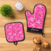 Moderne gepersonaliseerde roze palmbomen ovenwant & pannenlap set (Top down)