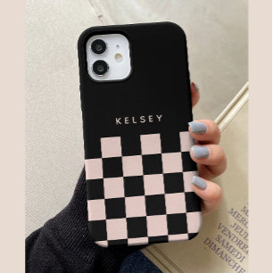Moderne gepersonaliseerde zwart & crème geruite iPhone 15 case