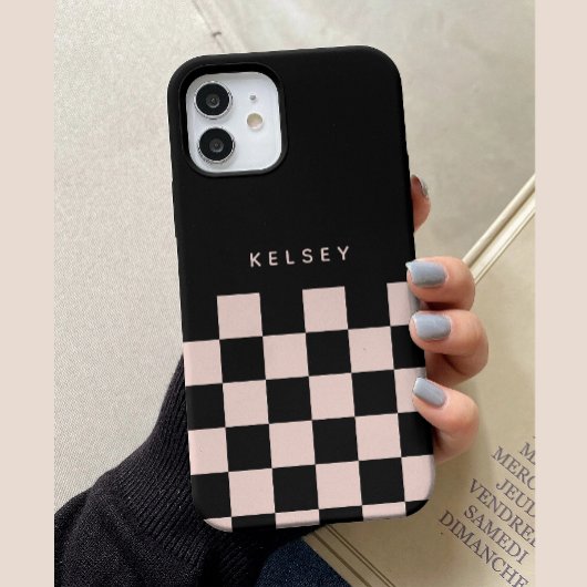 Moderne gepersonaliseerde zwart & crème geruite Case-Mate iPhone case