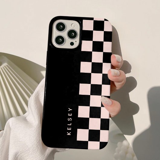 Moderne gepersonaliseerde zwart en crème geruit Case-Mate iPhone case