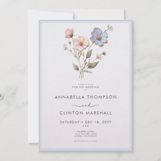 Moderne geperste pastel Wildflowers Blauwe bruilof Kaart (Voorkant)