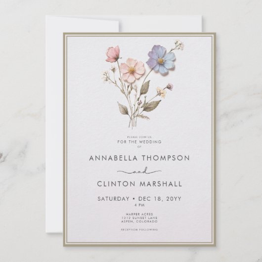 Moderne geperste pastel Wildflowers Wijze bruiloft Kaart (Voorkant)