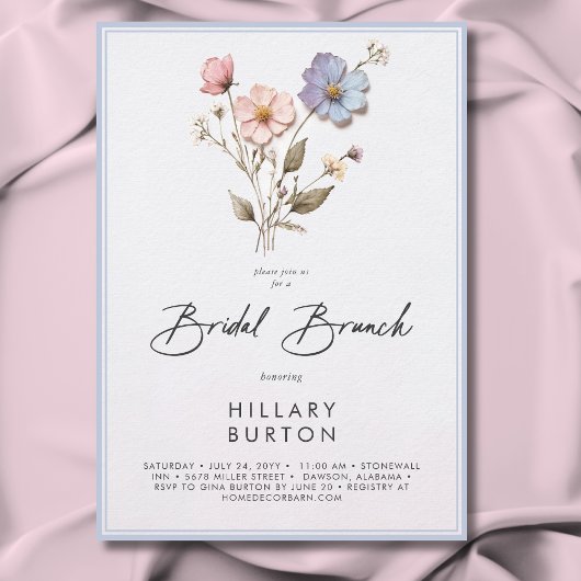 Moderne geperste wilde bloemen blauwe bruids brunc kaart