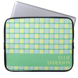 Moderne geruite blauwe groene limoenpersoonlijke laptop sleeve
