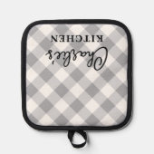 Moderne geruite grijs wit dammen naam keuken pannenlap (Voorkant)