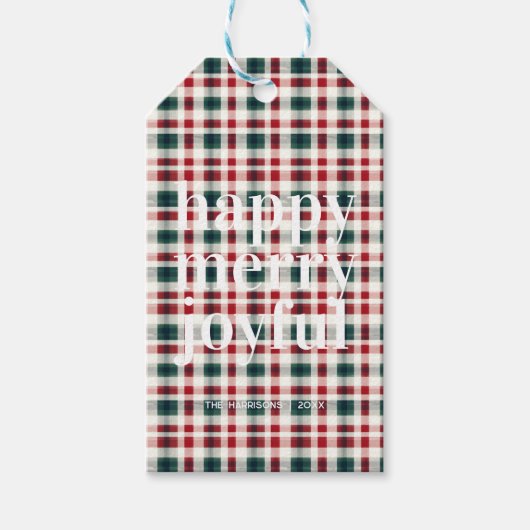 Moderne geruite kerst | Happy Merry Joyful Cadeaulabel (Voorkant)