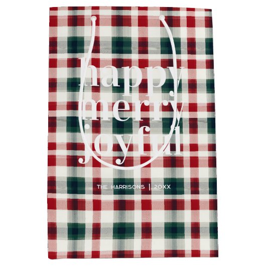 Moderne geruite kerst | Happy Merry Joyful Medium Cadeauzakje (Voorkant)
