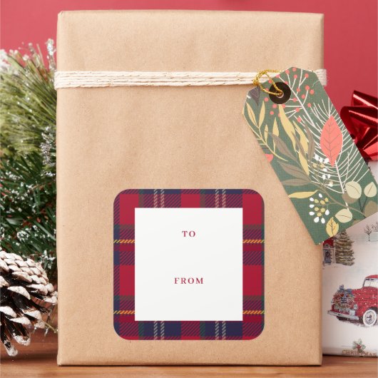Moderne geruite kerstcadeaubijlage vierkante sticker (Feestdagen)