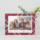 Moderne geruite Kerstmis aangepaste gezinsfoto Feestdagenkaart (Staand voorkant)