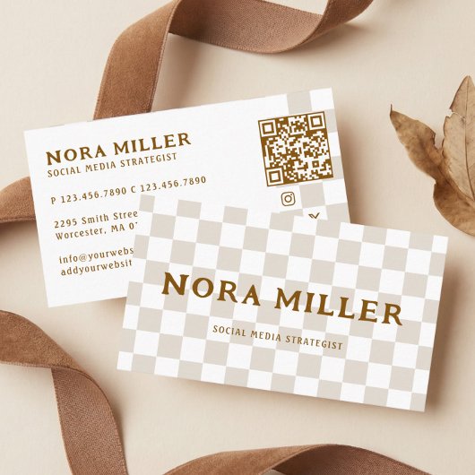 Moderne Geruite Patroon Retro Invloed QR-code Visitekaartje