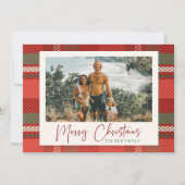 Moderne geruite rode aangepaste familie foto kerst feestdagenkaart (Voorkant)