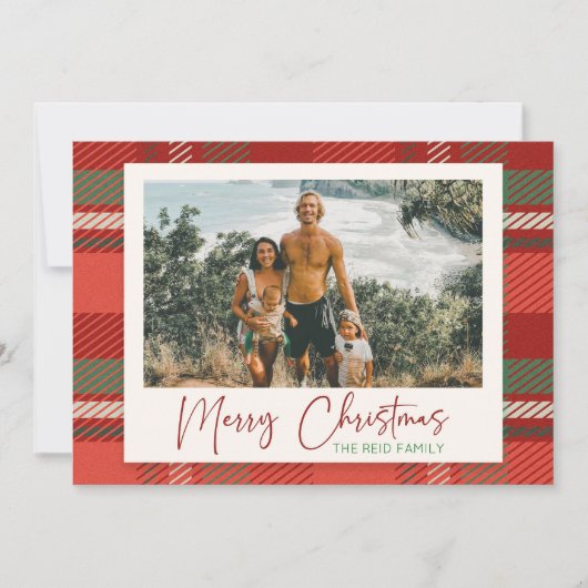 Moderne geruite rode aangepaste familie foto kerst feestdagenkaart (Voorkant)