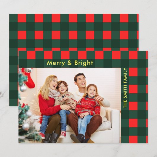 Moderne geruite rode groene kerst foto feestdagenkaart (Voorkant / Achterkant)