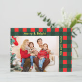 Moderne geruite rode groene kerst foto feestdagenkaart (Staand voorkant)