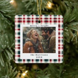 Moderne geruite rustieke Monogram Foto Kerstmis Keramisch Ornament