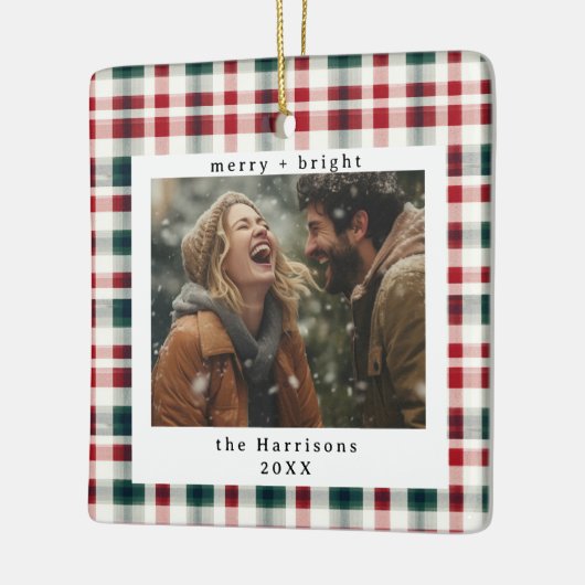 Moderne geruite rustieke Monogram Foto Kerstmis Keramisch Ornament (Links)