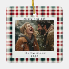 Moderne geruite rustieke Monogram Foto Kerstmis Keramisch Ornament