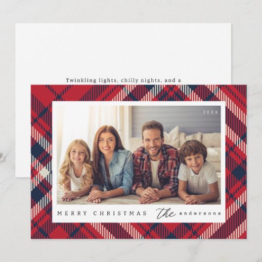 Moderne geruite vrolijke kerst aangepaste familie feestdagenkaart (Voorkant / Achterkant)