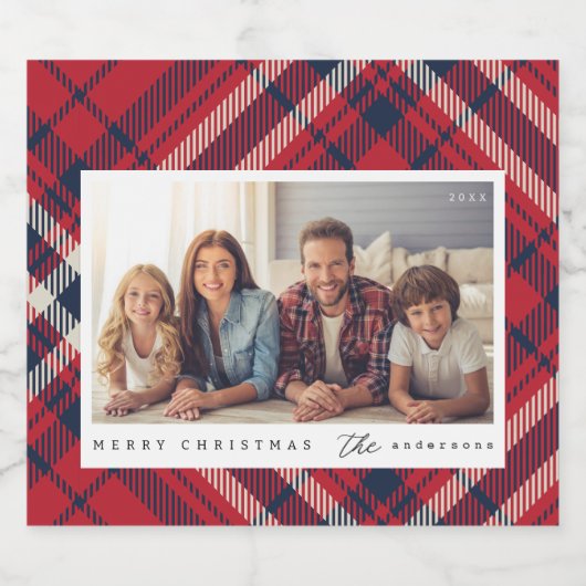 Moderne geruite vrolijke kerst aangepaste familie  likeurfles etiket (Enkel label)