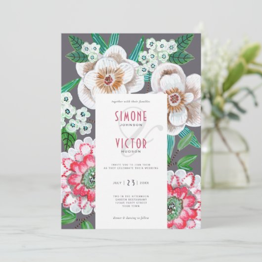 Moderne geschilderde bloemen bruiloft kaart (Staand voorkant)