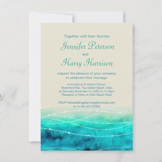Moderne geschilderde sprankelende zeeen bruiloft u kaart (Achterkant)
