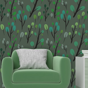 Moderne Gestileerde Groene Bomen met Zwarte Stamme Behang