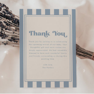Moderne gestreepte blauwe jongens baby shower fees bedankkaart