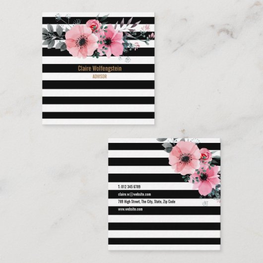 Moderne gestreepte bloemen professioneel vierkant vierkante visitekaartje (Voorkant / Achterkant)