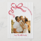 Moderne gestreepte boog foto kerstkaart rode strik kaart (Voorkant)