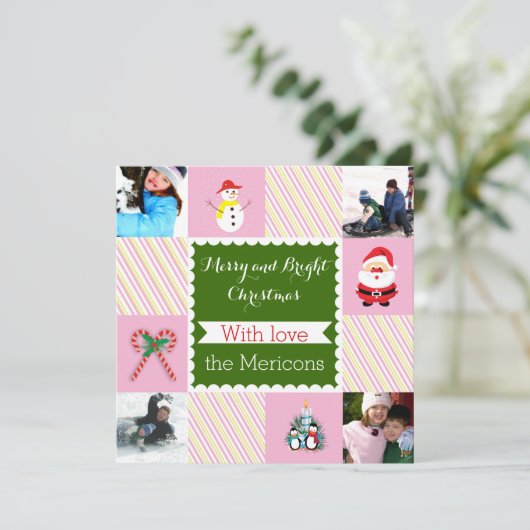Moderne gestreepte kerst platte foto feestdagenkaart (Staand voorkant)