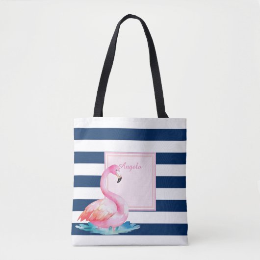 Moderne gestreepte, Schattige flamingo's Tote Bag (Voorkant)