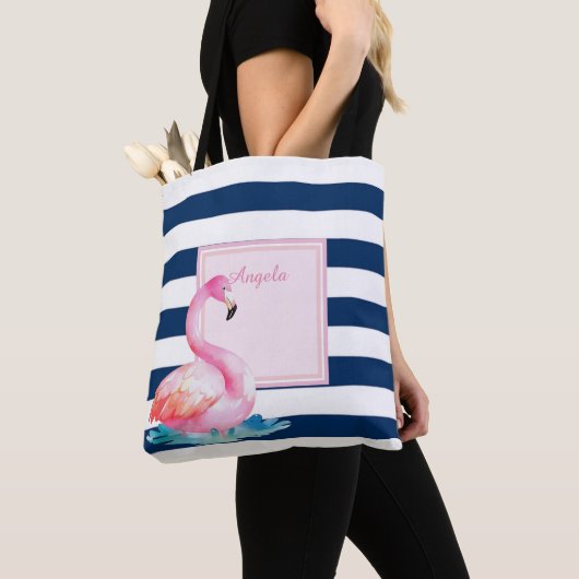 Moderne gestreepte, Schattige flamingo's Tote Bag (Dichtbij)