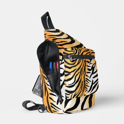 Moderne gestreepte tijgerhuiden Print grote katten Sling Bag (Open)