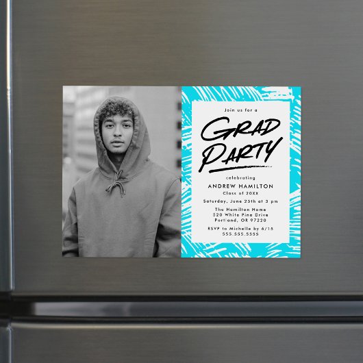 Moderne gestreepte turquoise foto afstudeerfeest magnetische uitnodiging