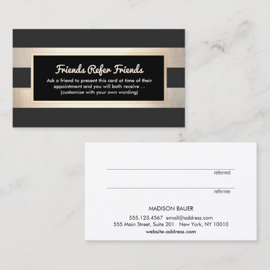 Moderne Gestreepte Zwart en FAUX Gouden Folie Verw Aanbevelingskaartje (Voorkant / Achterkant)