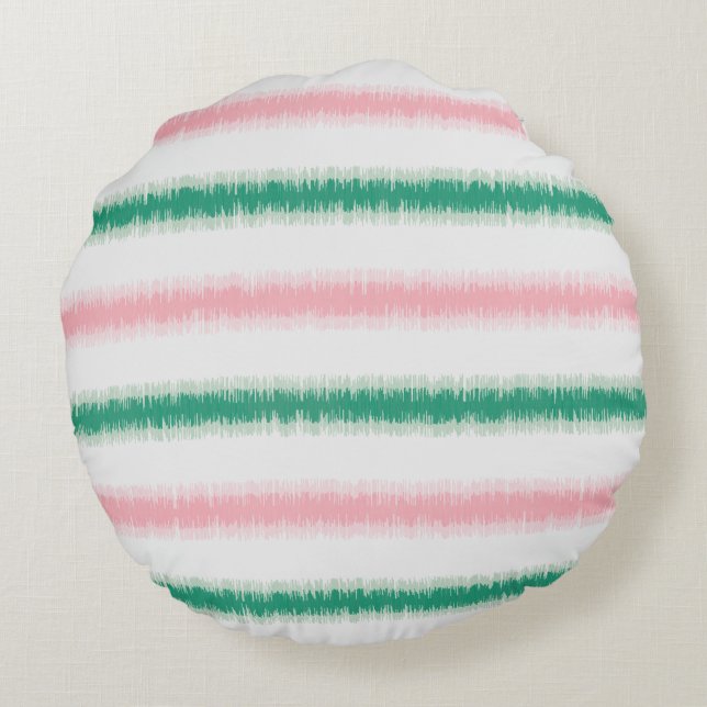 Moderne gestructureerde roze groene ikat strepen p rond kussen (Achterkant)