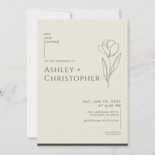 Moderne getekende bloemendonkere mos groene bruilo kaart (Voorkant)