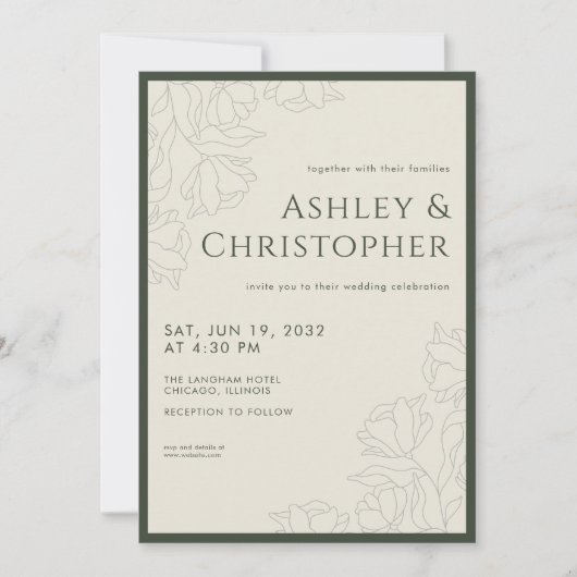 Moderne getekende bloemendonkere mos groene bruilo kaart (Voorkant)