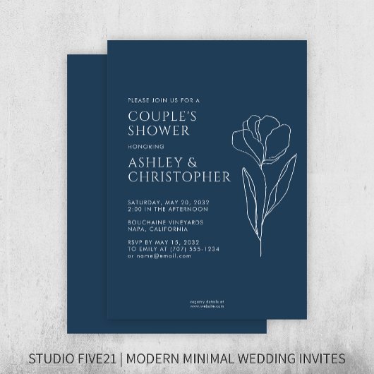 Moderne getekende bloemenmarine blauwe bruiloft do kaart