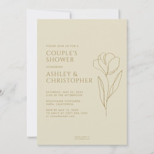 Moderne Getekende Bloemige Gouden Bruidsdouche Kaart (Voorkant)