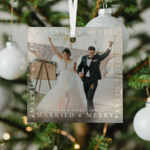 Moderne Getrouwde & Blij Koppel Foto Glas Ornament