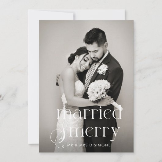 Moderne getrouwde en vrolijke trouwfoto feestdagenkaart (Voorkant)